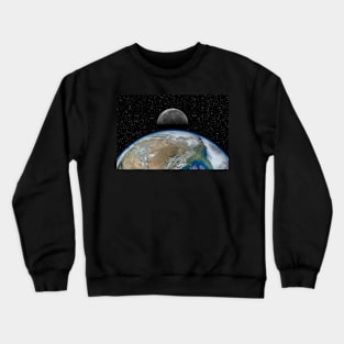 Planet Earth and Moon against dark starry sky Crewneck Sweatshirt